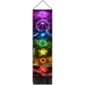Hanging scroll tapestry with colorful 7 chakra symbols, cosmic nebula, and black tassels - 32.5x130cm
