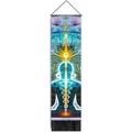 Close-up of meditation tapestry featuring a glowing human silhouette and black fringe detail - 32.5x130cm / Deep Blue Energy Human Meditation Illustration Style