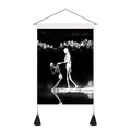 Gothic black and white tapestry featuring skeleton figures with mountain reflection design - 35x50cm