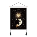 Detail of fabric wall tapestry with sun moon pattern, wooden rod and black tassels - 35x50cm / Personified Sun Moon Faces Stars (Style 2)