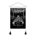 Smiling skeletons on bench tapestry with night sky print, wooden rod and black tassels - 35x50cm / Skeletons On Bench Night Sky Style (Style 11)