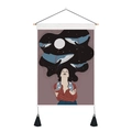 Tapiz artístico de pared con mujer soñando y ballenas azules con borlas negras - 35x50cm / Mujer en Meditación y Ballena (Estilo 9)