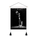 Detail of celestial skull tapestry with moon artwork, wooden rod, and black tassels - 35x50cm / Skeleton Holding Moon Style (Style 1)