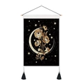 Detail of celestial moon tapestry with gold star patterns and black tassels on wood bar - 35x50cm / Moon Eyeball Flower Skull Mystic (Style 4)