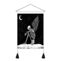 Detail of wall tapestry with skull and wings print, wooden rod, and black tassels - 35x50cm