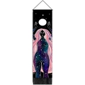 Close-up of celestial goddess wall tapestry with moon and galaxy prints and black fringe - 32.5x130cm / Galaxy Goddess (Style 2)
