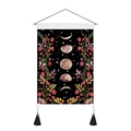 Detail of floral moon phase tapestry with wooden hanging rod and black velvet tassels - 35x50cm / Moon Phase & Floral Theme (Style 1)