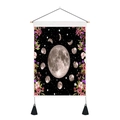 Detail of moon phase tapestry with floral borders, wooden rod, and black tassels - 35x50cm / Moon Starry Sky & Floral (Style 2)