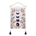 Detail of lunar phase tapestry with floral patterns, wooden rod, and black tassels - 35x50cm / Boho Moon Phase & Butterfly (Style 3)