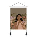 Tapiz boho con borlas e ilustración artística de una chica con flores naturales - 35x50cm / Mujer con Flores en Plantas (Estilo 10)