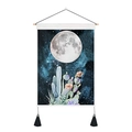 Detail of moon and cactus tapestry with wooden hanging rod and black tassels - 35x50cm / Cactus & Succulents Night Sky (Style 5)