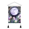 Wall hanging tapestry with purple moon and colorful flowers on vertical wooden frame - 35x50cm / Purple Moon & Rich Flowers (Style 7)