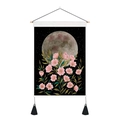 Floral moon tapestry with wooden pole and tassels for room wall decor - 35x50cm / Dark Moon & Pink Flowers (Style 6)