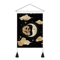 Mystical skull and moon tapestry with black canvas, golden stars, and wooden hanging rod - Gold Skull Crescent Moon Faces (Style 8)