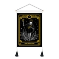 Detail of The Magician tarot skull tapestry with wooden hanging rod and black tassels - 35x50cm / The Magician (I)