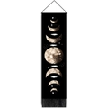 Arazzo bohémien nero con fasi lunari, piume bianche e nappe su asta di legno decorativa - Stile Luna Marrone Nera (Style 6) / 32.5cmx130cm