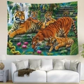 Detalle del tapiz de familia de tigres en la selva tropical con una gran cascada - 95x73cm (Piel de Melocotón) / Familia de Tigres (Estilo 1)