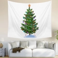 Detail of Christmas tree tapestry hanging on a white wall above a modern sofa - 95x73cm (Brushed) / Blue & Gold Ornaments Tree (Style 1)