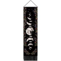 Arazzo bohémien nero con fasi lunari, fiori, asta in legno e nappe decorative - Stile Luna Floreale Nera (Style 2) / 32.5cmx130cm