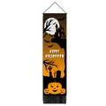 Vertical Happy Halloween banner with pumpkin, castle, and bat silhouette on orange background - 32.5x130cm / Orange Black Pumpkin Cemetery Style