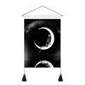 Gothic tapestry with skull sitting on crescent moon, white stars, and black tassels - 35x50cm / Skeleton Sitting On Moon Style (Style 8)