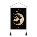 Bohemian moon and butterfly wall tapestry with black background and wooden hanging rod - Crescent Moon Face Butterfly Gold Cloud (Style 9)
