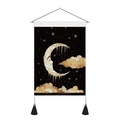 Vintage celestial tapestry featuring a golden crescent moon and stars on black fabric - Personified Gold Moon Clouds Stars (Style 10)