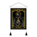 The Chariot tarot tapestry featuring a skull on a bicycle with wooden pole and tassels - 35x50cm / The Chariot (VII)