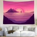 Detail of geometric sunset tapestry featuring pink mountains and lake on white wall - Style 7 / Custom Contact CS