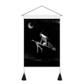 Gothic skull witch tapestry with black tassels and wooden hanging rod on white background - 35x50cm / Skeleton Witch Riding Broom Style (Style 10)