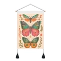 Detail of vintage butterfly tapestry with floral art, wooden rod, and black tassels - 35x50cm / Style 2