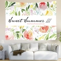 Nordic watercolor floral tapestry with Sweet Summer text hanging above a white sofa - Sweet Summer Style (Style 2) / 95x73cm