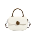 Cream canvas handbag with brown leather handles and circular buckle for daily commute - Off White