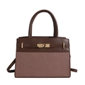 Retro two-tone handbag featuring brown leather and fabric patchwork with a metal clasp - Brown
