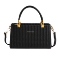 Black woven texture crossbody box bag with gold metal hardware and top handle - Black