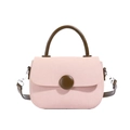 Elegant light pink saddle bag with brown circular buckle and textured woven finish - Pink
