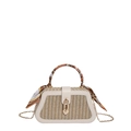 Handwoven straw box bag with white leather trim and silk scarf wrapped handle - White