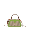 Green leather patchwork straw handbag with scarf-wrapped handle and gold chain strap - Green