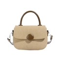 Beige canvas handbag with brown leather trim and circular button closure for women - Khaki