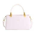 White faux leather crossbody bag with woven V-pattern and gold hardware details - White