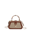 Brown woven crossbody bag with silk scarf handle and elegant gold chain strap - Brown
