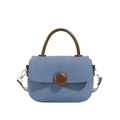 Blue denim crossbody bag with contrast brown handle and detachable leather strap - Blue