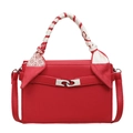 Rote Lederhandtasche mit Lychee-Muster, Seidenschal-Griff und silbernem Drehverschluss - Rot