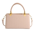 Beige woven texture small crossbody handbag with top handle and gold hardware - Khaki