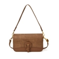 Chic brown patchwork crossbody bag with textured fabric flap and gold hardware accents - Brown