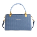 Blue woven texture box bag with gold metal hardware and top handle for women - Blue
