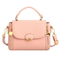 Pink lychee grain leather handbag with gold M-logo buckle and detachable shoulder strap - Pink