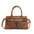 Brown punk tote bag with woven texture, metal cross pendant and chain strap detail - Tan