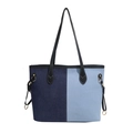 Grande borsa tote patchwork in denim blu con spalline nere e dettagli dorati - Patchwork Blu Verticale (Stile 3)