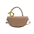 Elegant semi-circle beige PU leather handbag with gold twist handle and shoulder strap - Khaki